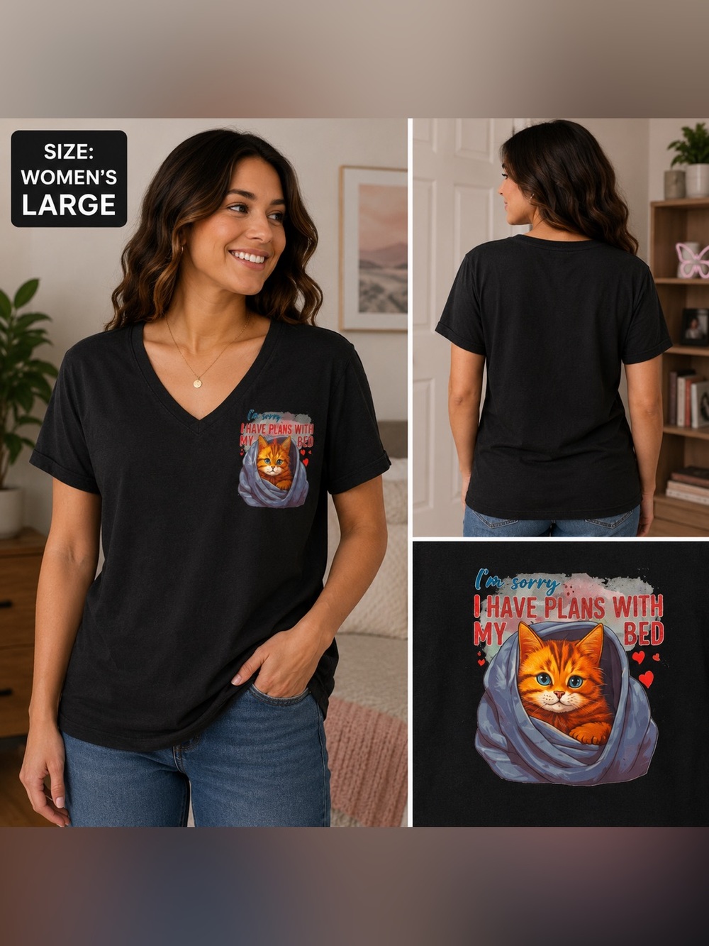 Hand crafted Black V-Neck Tee with Cat Graphic Womens LARGE
